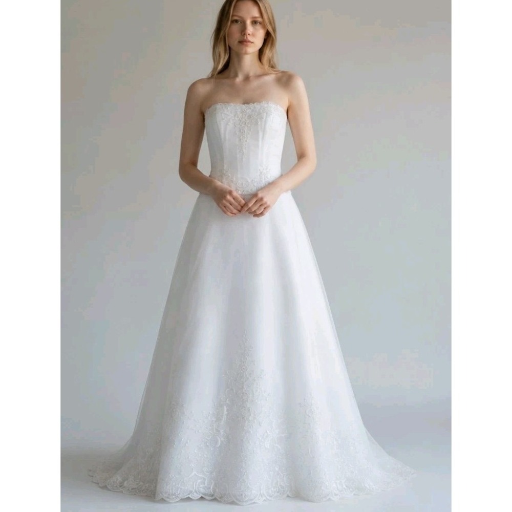 DaVinci Wedding Dress 10 White Silver Embroidery Beads Strapless/Train #8029 NWT